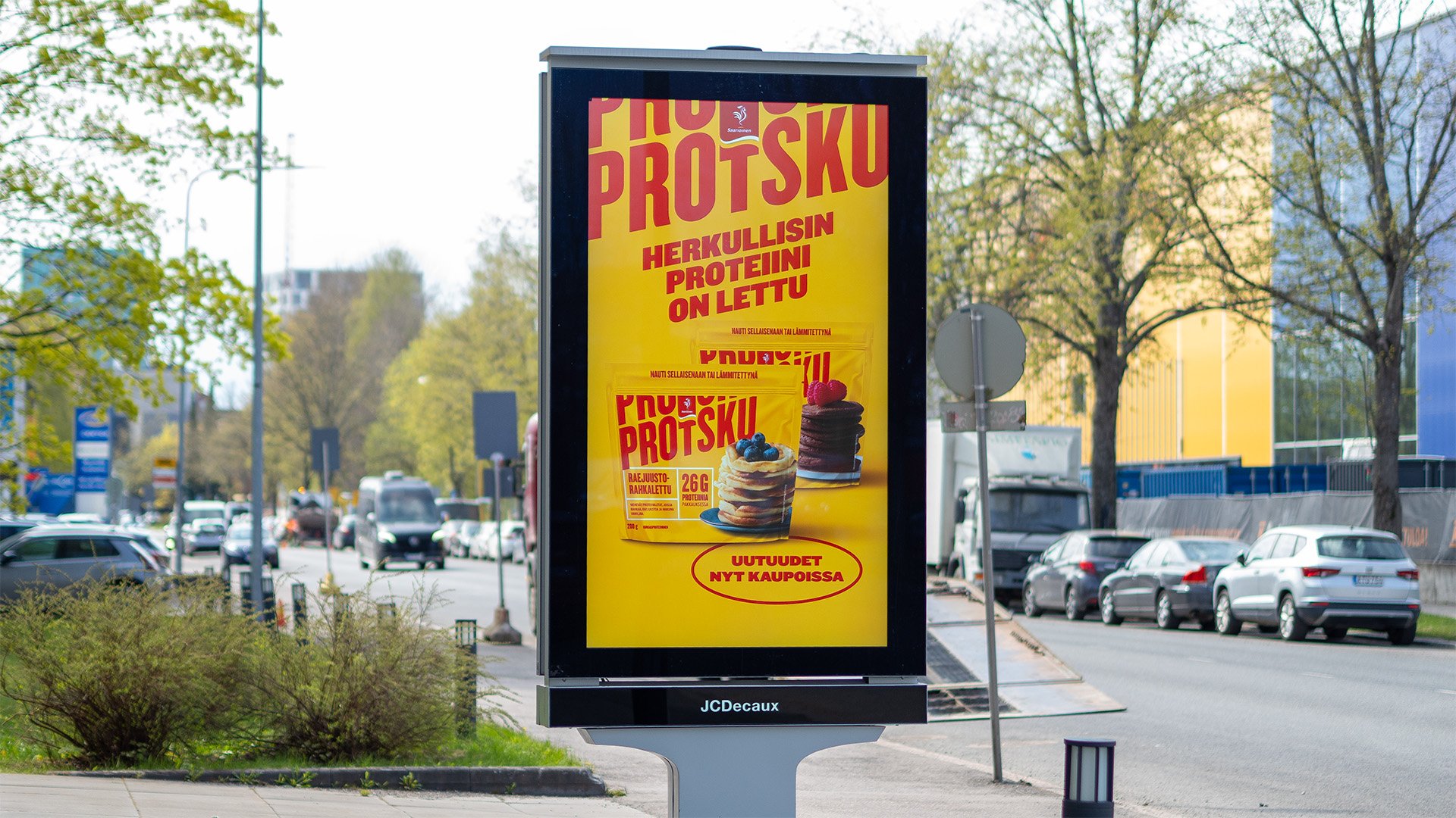 Saarioisten digitaalinen ulkomainoskampanja Herttoniemessä Helsingissä.